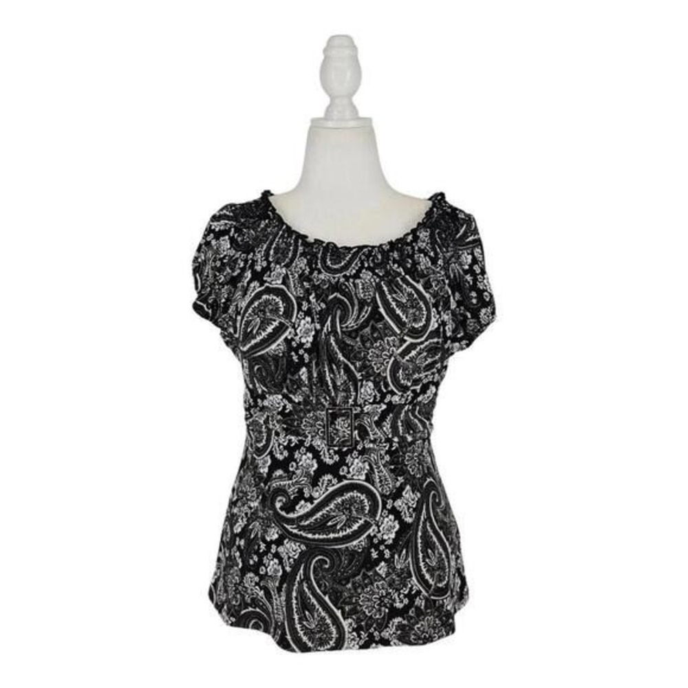 New Directions Blouse Womens PL Black White Paisley Belted Tie Back Short Sleeve